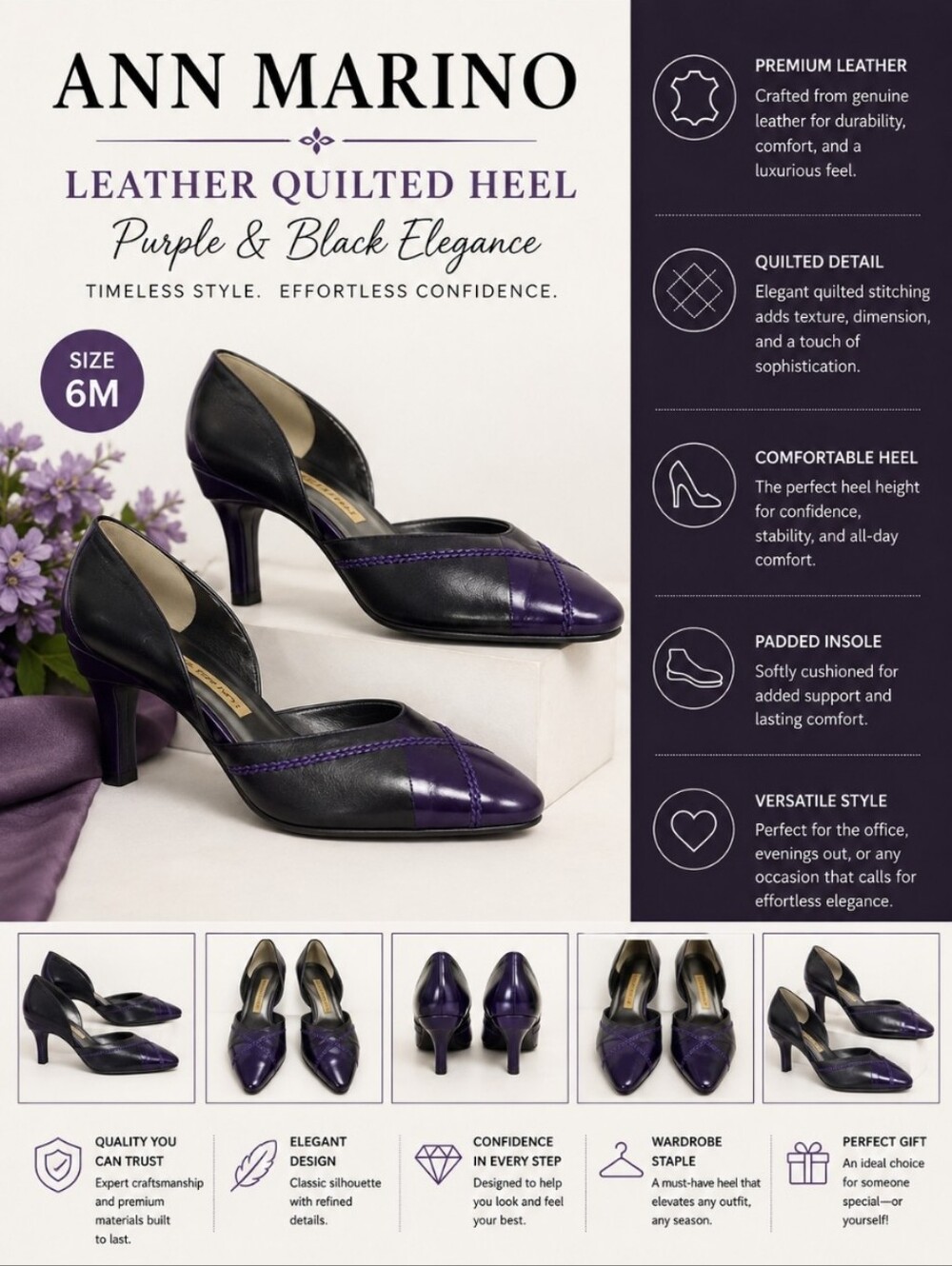 ANN MARINO Leather Purple Black Quilted Heel 6M